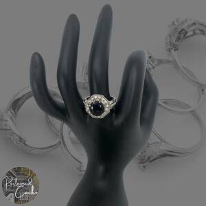 Silver and Black Rhinestone Statement Ring - Size 9